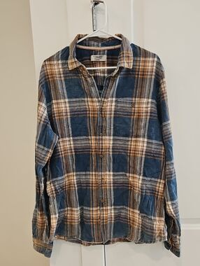NWT Fiorucci Blue and Tan Plaid Long-Sleeve Button-Down Shirt Witj Sample Tag
